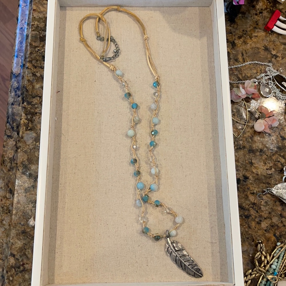 Leather, gemstone and silver feather necklace!!